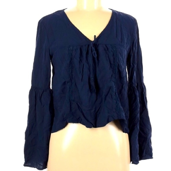Garage bohemian dark navy V-neck long sleeve blouse medium shirt top - Picture 1 of 5